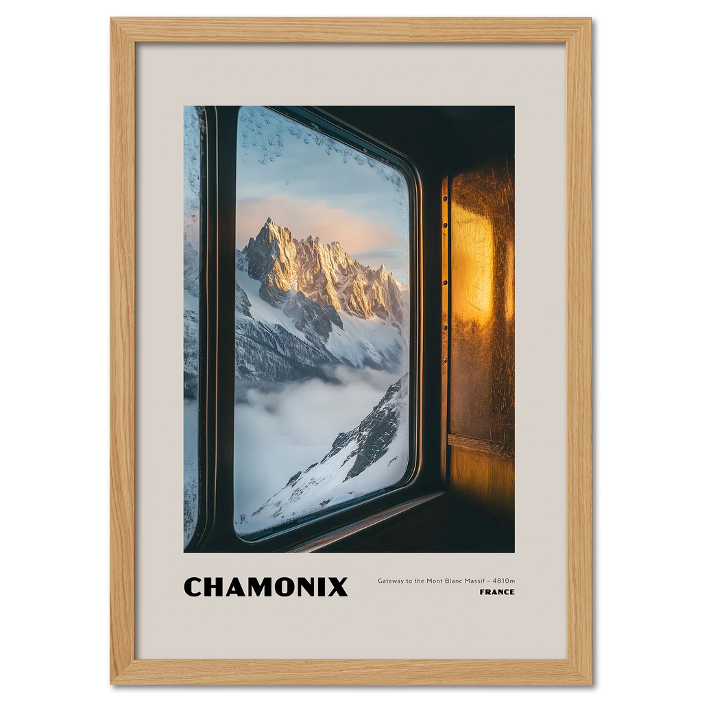 Chamonix - Gateway to the Mont Blanc Massif - Poster showcasing a sunrise view through a frosted train window.