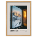 Chamonix - Gateway to the Mont Blanc Massif - Poster showcasing a sunrise view through a frosted train window.