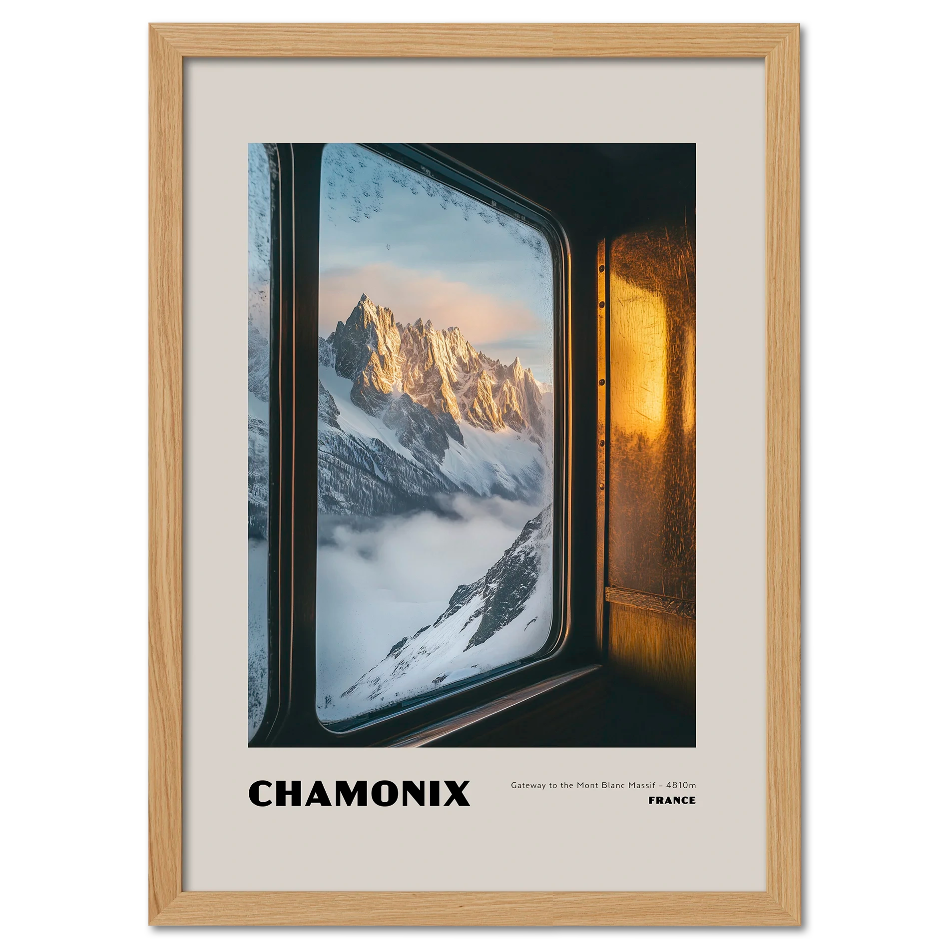Chamonix - Gateway to the Mont Blanc Massif - Poster showcasing a sunrise view through a frosted train window.