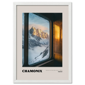 Chamonix - Gateway to the Mont Blanc Massif - Poster showing sunrise view through a frosted train window.