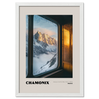 Chamonix - Gateway to the Mont Blanc Massif - Poster showing sunrise view through a frosted train window.