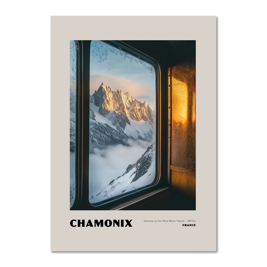 Chamonix - Gateway to the Mont Blanc Massif - Poster featuring sunrise over Mont Blanc peaks through a frosted train window.