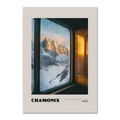 Chamonix - Gateway to the Mont Blanc Massif - Poster featuring sunrise over Mont Blanc peaks through a frosted train window.