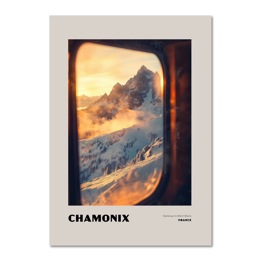 Chamonix - Gateway to Mont Blanc - Poster featuring a sunrise view of snowy mountains framed by a train window.