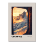 Chamonix - Gateway to Mont Blanc - Poster featuring a sunrise view of snowy mountains framed by a train window.