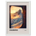 Chamonix - Gateway to Mont Blanc - Poster showcasing a sunrise view from a train window with snowy mountains.