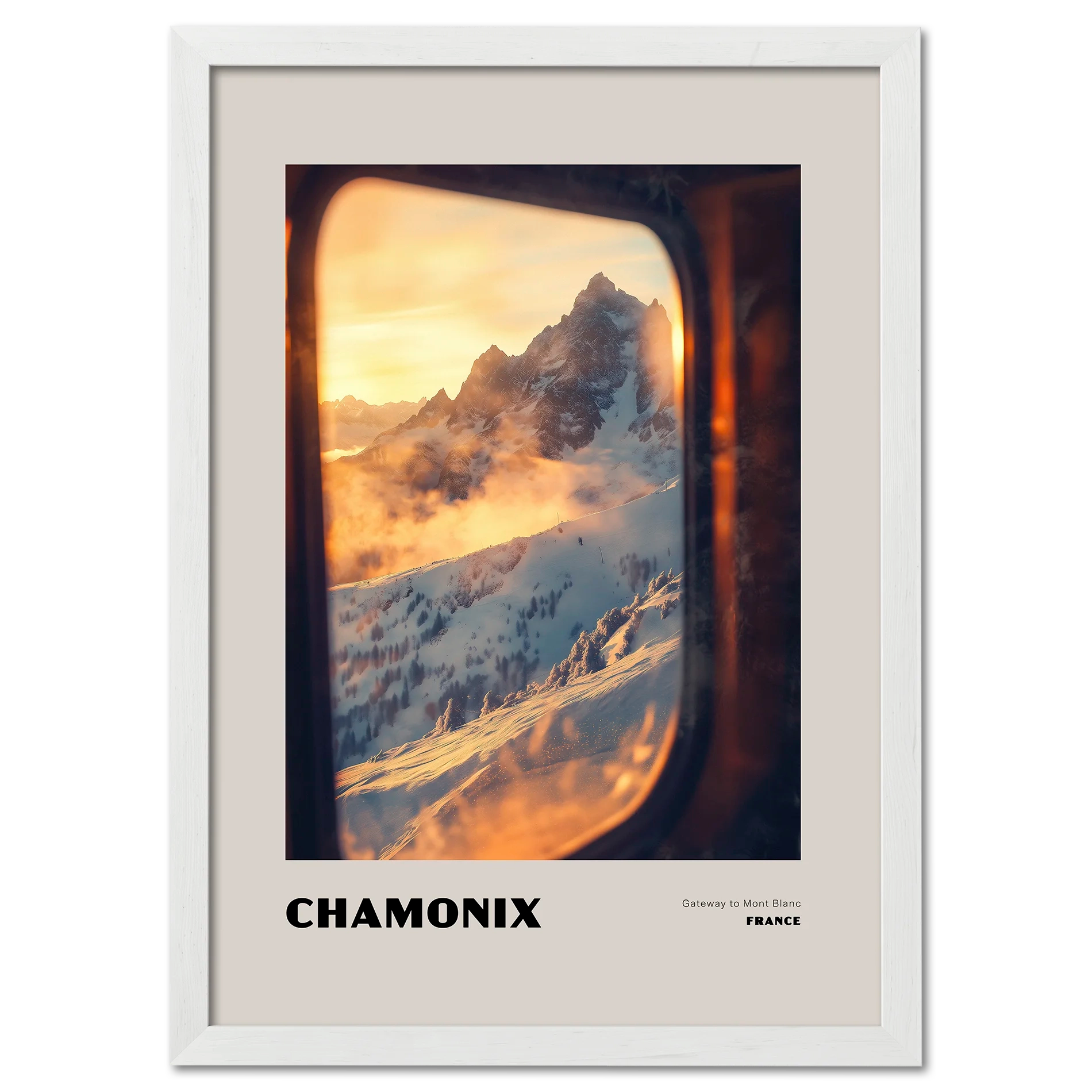 Chamonix - Gateway to Mont Blanc - Poster showcasing a sunrise view from a train window with snowy mountains.