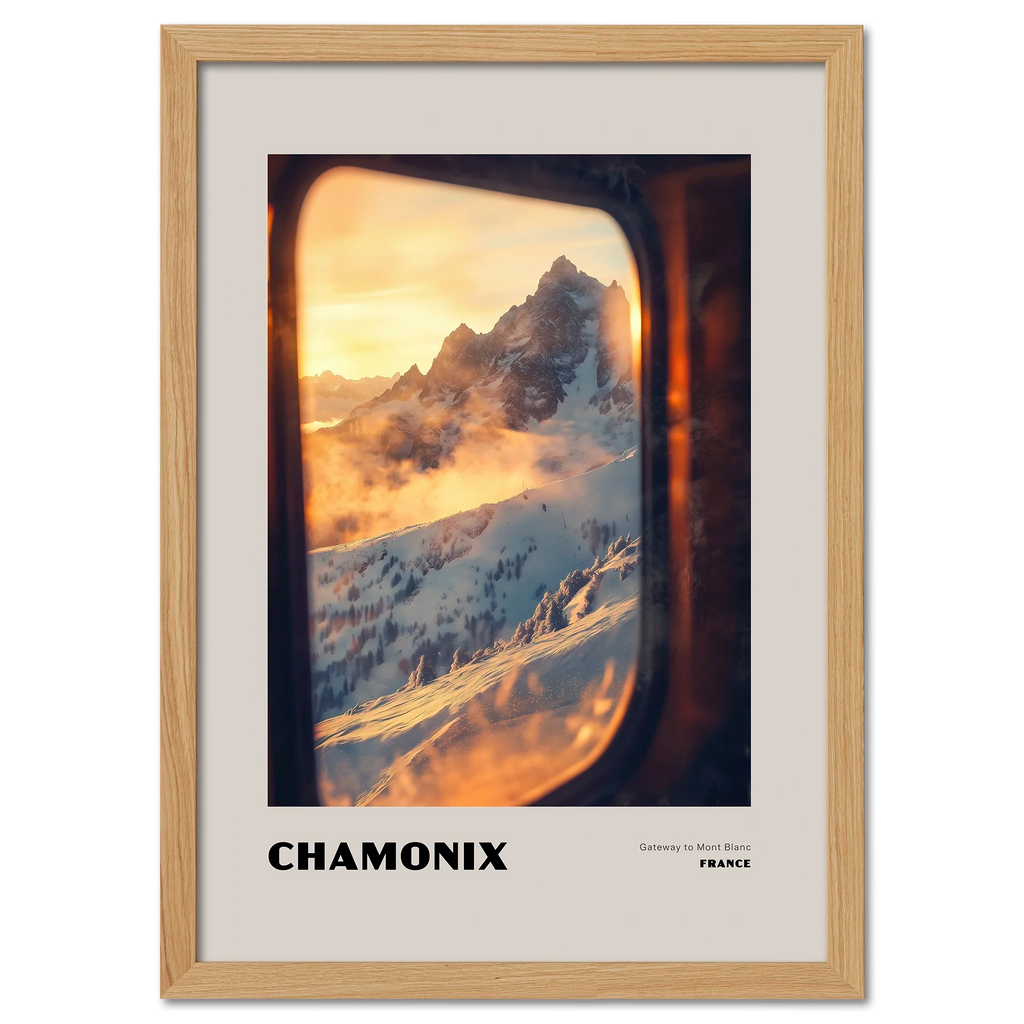 Chamonix - Gateway to Mont Blanc - Poster featuring a sunrise view of snowy mountains framed by a train window.
