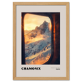 Chamonix - Gateway to Mont Blanc - Poster featuring a sunrise view of snowy mountains framed by a train window.
