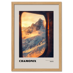 Chamonix - Gateway to Mont Blanc - Poster featuring a sunrise view of snowy mountains framed by a train window.