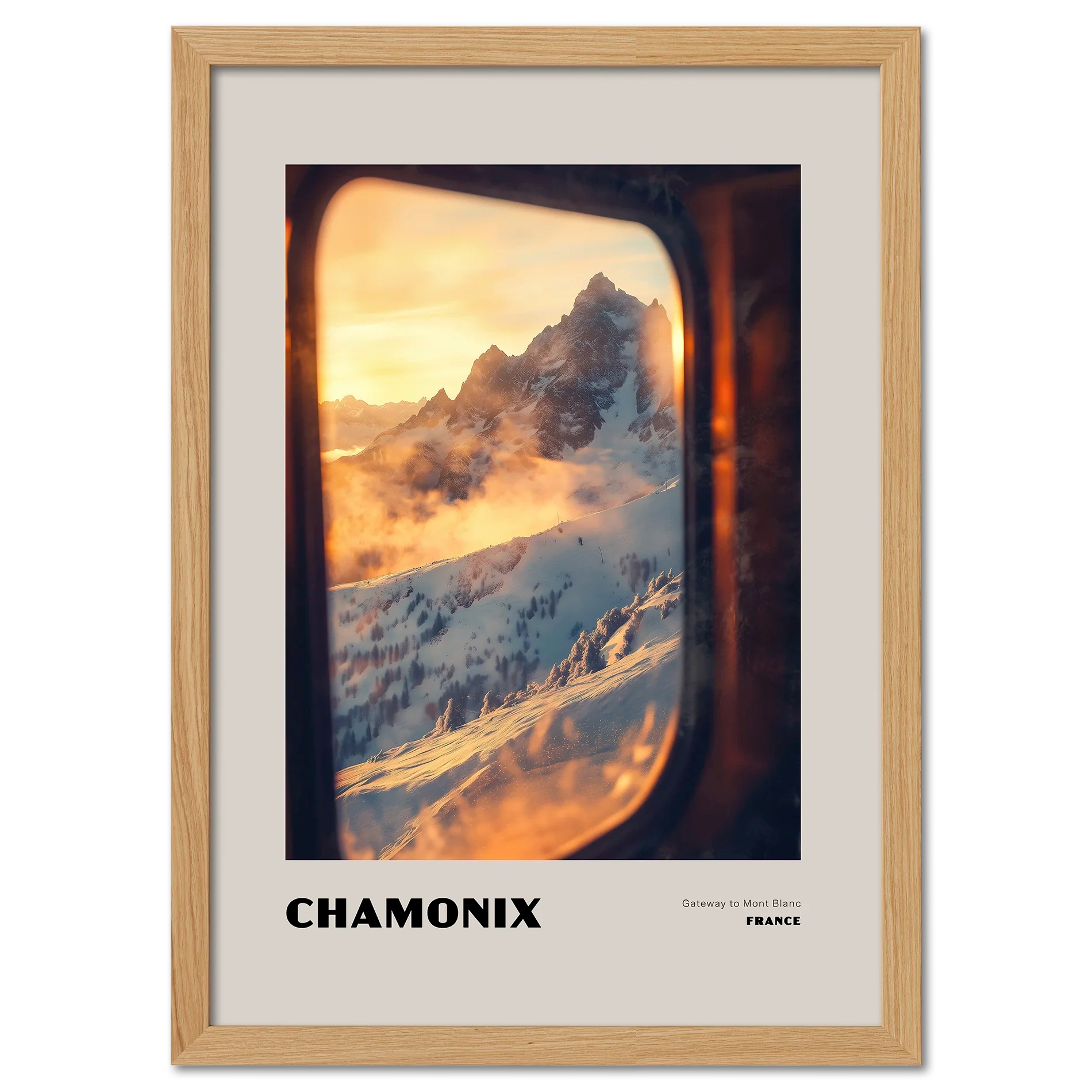 Chamonix - Gateway to Mont Blanc - Poster featuring a sunrise view of snowy mountains framed by a train window.