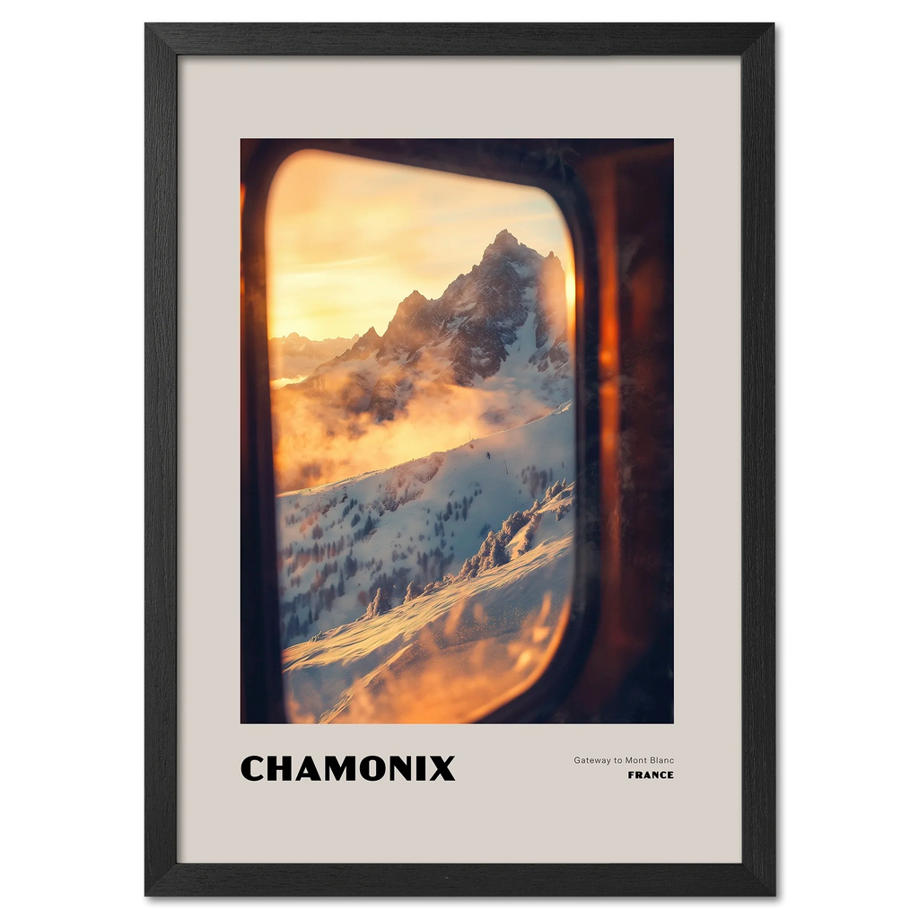 Chamonix - Gateway to Mont Blanc - Poster showcasing sunrise view through a train window with snowy mountains.