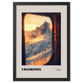 Chamonix - Gateway to Mont Blanc - Poster showcasing sunrise view through a train window with snowy mountains.