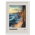 Chamonix - The Heart of the French Alps - Poster showcasing a sunrise over majestic peaks and valleys in the French Alps.