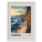 Chamonix - The Heart of the French Alps - Poster showcasing a sunrise over majestic peaks and valleys in the French Alps.