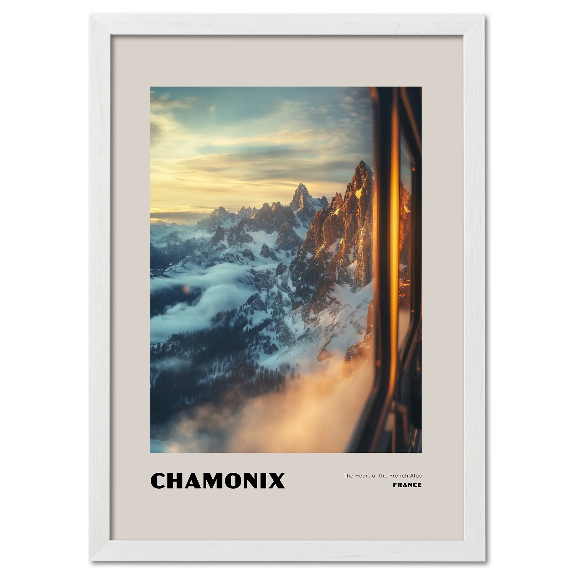Chamonix - The Heart of the French Alps - Poster showcasing a sunrise over majestic peaks and valleys in the French Alps.