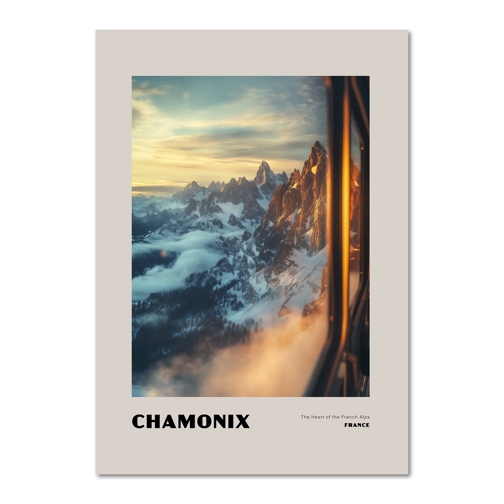 Chamonix - The Heart of the French Alps - Poster showcasing a sunrise view framed by a train window.