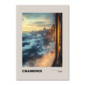 Chamonix - The Heart of the French Alps - Poster showcasing a sunrise view framed by a train window.