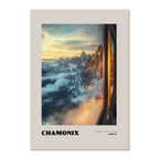 Chamonix - The Heart of the French Alps - Poster showcasing a sunrise view framed by a train window.