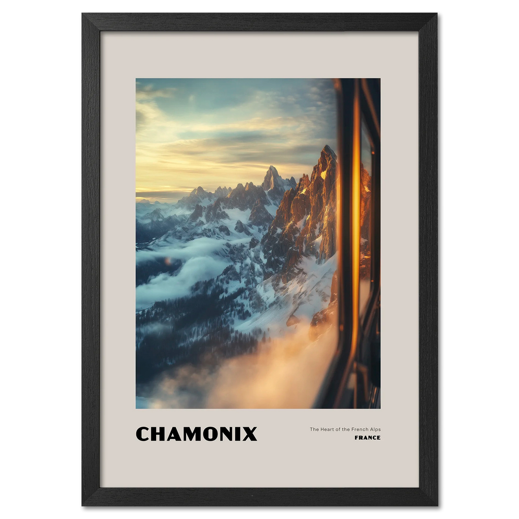 Chamonix - The Heart of the French Alps - Poster showcasing a sunrise over mountain peaks framed by a train window.