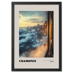 Chamonix - The Heart of the French Alps - Poster showcasing a sunrise over mountain peaks framed by a train window.