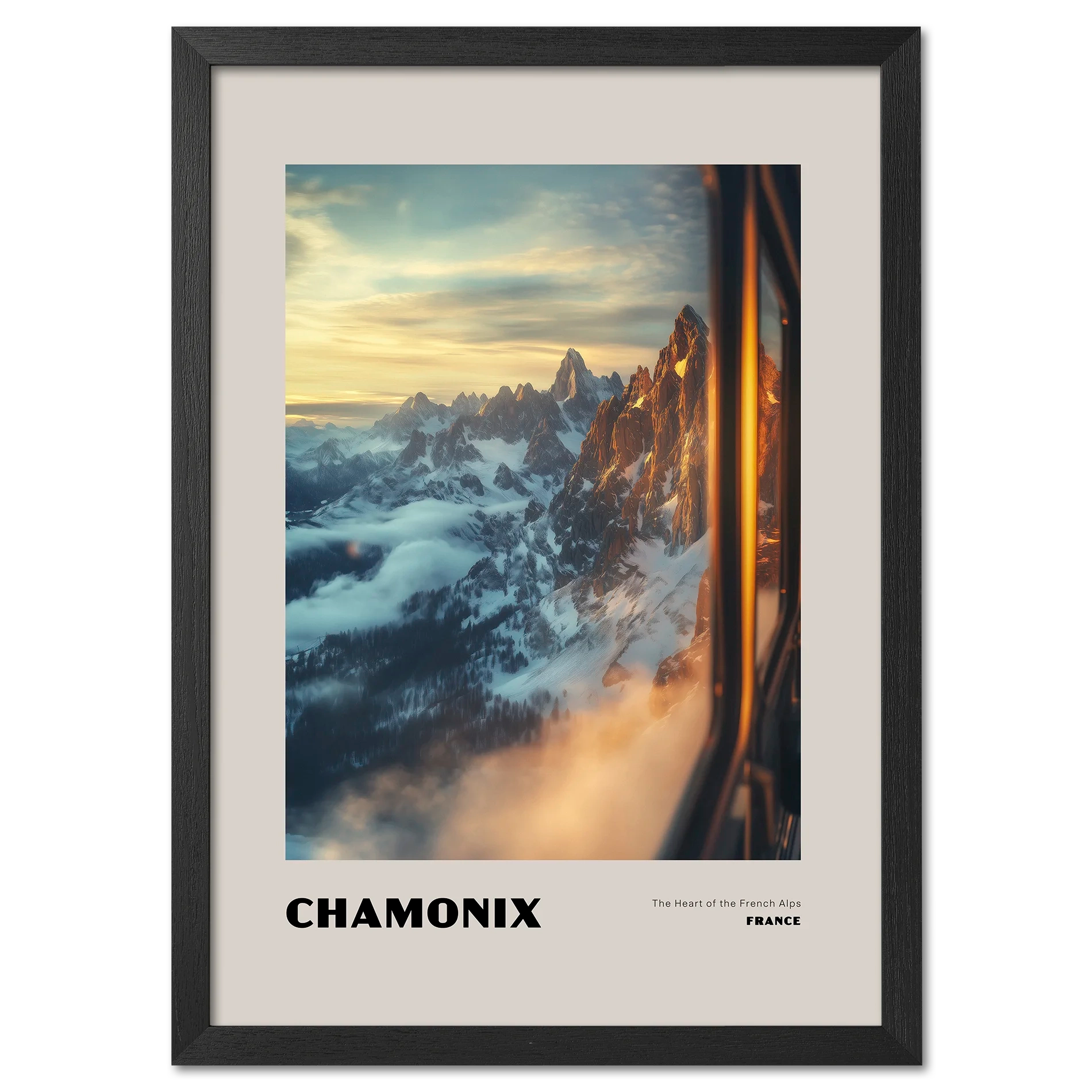 Chamonix - The Heart of the French Alps - Poster showcasing a sunrise over mountain peaks framed by a train window.