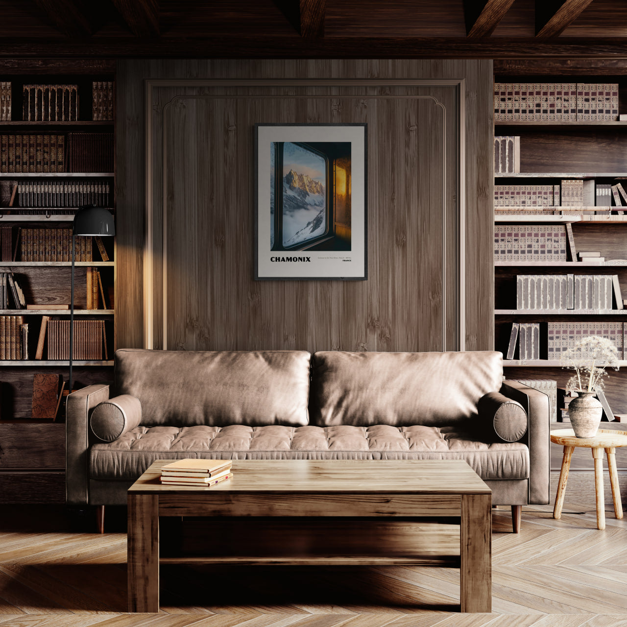 Chamonix - Gateway to the Mont Blanc Massif - Poster displayed in a cozy, modern living room with wooden decor.