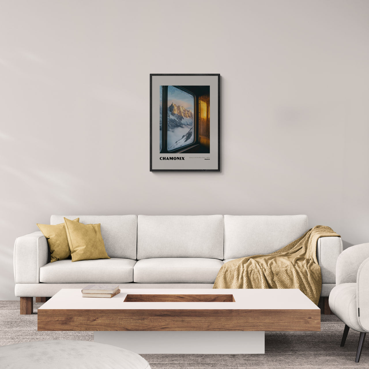 Chamonix - Gateway to the Mont Blanc Massif - Poster displayed in a modern living room with neutral decor.