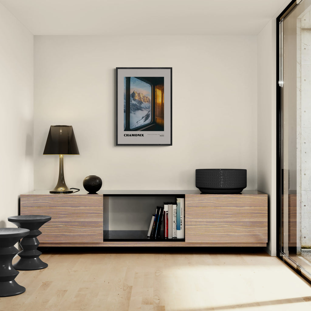 Chamonix - Gateway to the Mont Blanc Massif - Poster displayed in modern interior featuring minimalist furniture.