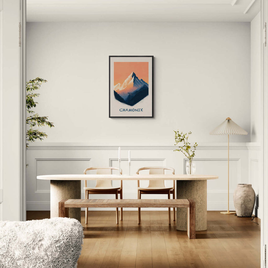 Morning in Chamonix - Poster displayed in a modern dining room, showcasing serene mountain artwork as wall art.