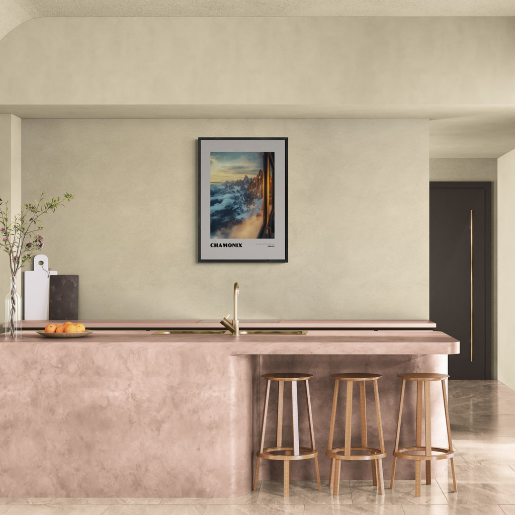 Chamonix - The Heart of the French Alps - Poster framed in a modern kitchen setting, showcasing stylish wall art.