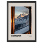 Chamonix - A Window to the Wild - Poster showcasing snow-covered peaks through a wooden frame.