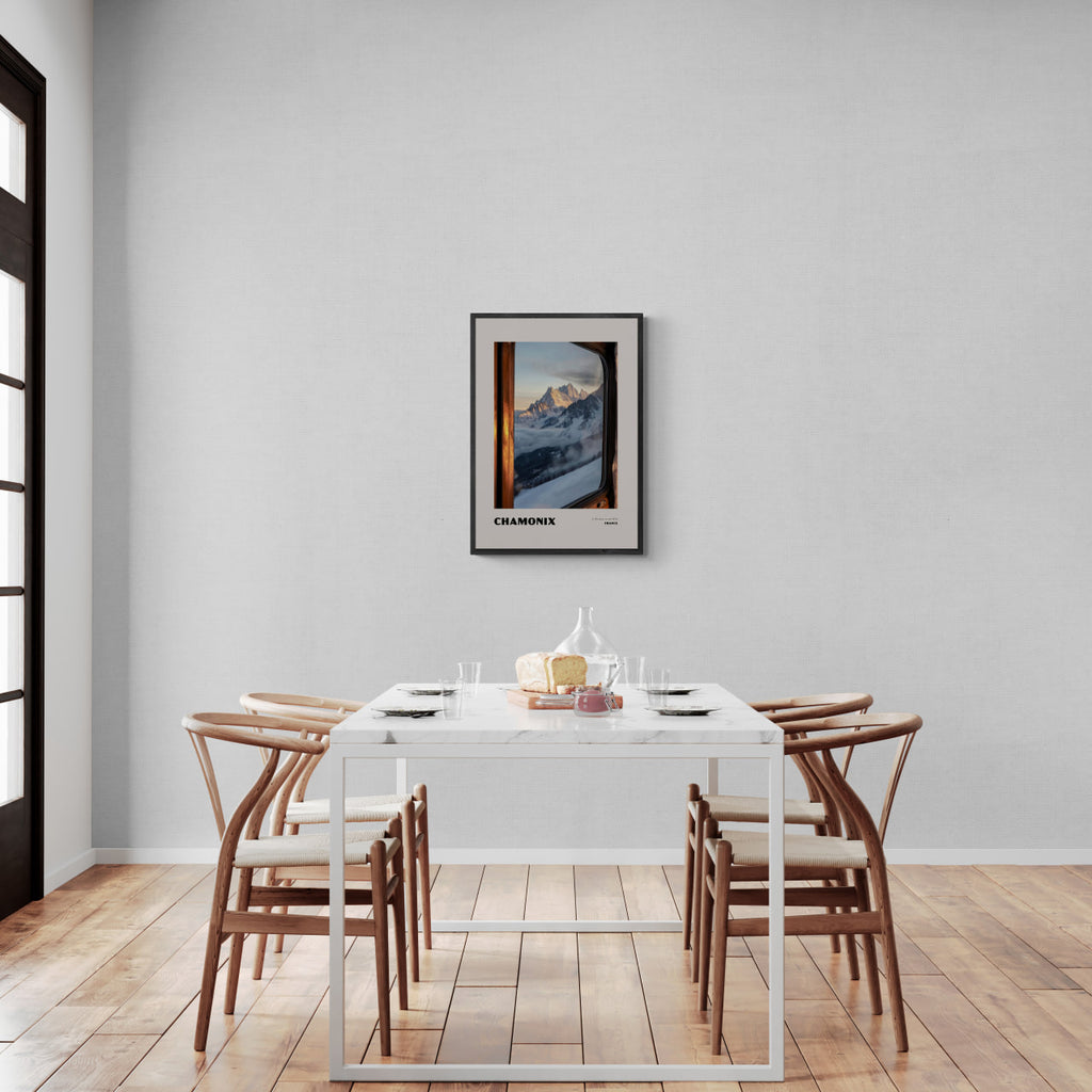 Chamonix - A Window to the Wild - Poster displayed in a modern dining room, enhancing wall art aesthetics.