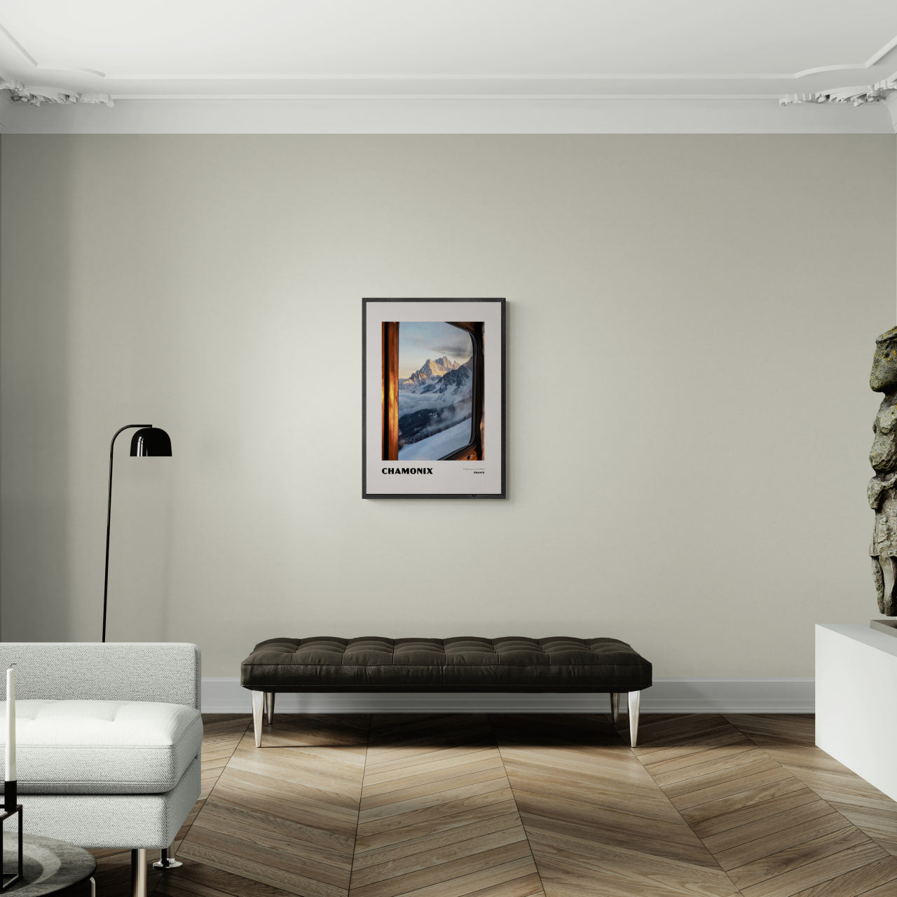 Chamonix - A Window to the Wild - Poster showcasing majestic snow-capped peaks in a cozy interior setting.