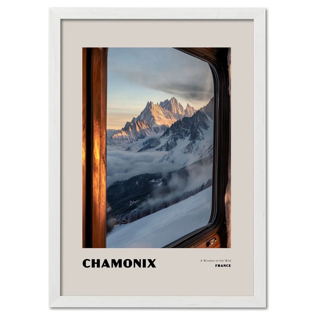 Chamonix - A Window to the Wild - Poster showcasing snow-covered peaks through a wooden window frame.