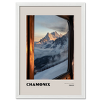 Chamonix - A Window to the Wild - Poster showcasing snow-covered peaks through a wooden window frame.