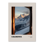 Chamonix - A Window to the Wild - Poster showcasing snow-covered peaks through a warm window.