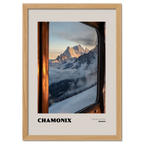 Chamonix - A Window to the Wild - Poster featuring snow-covered peaks framed by a wooden window.