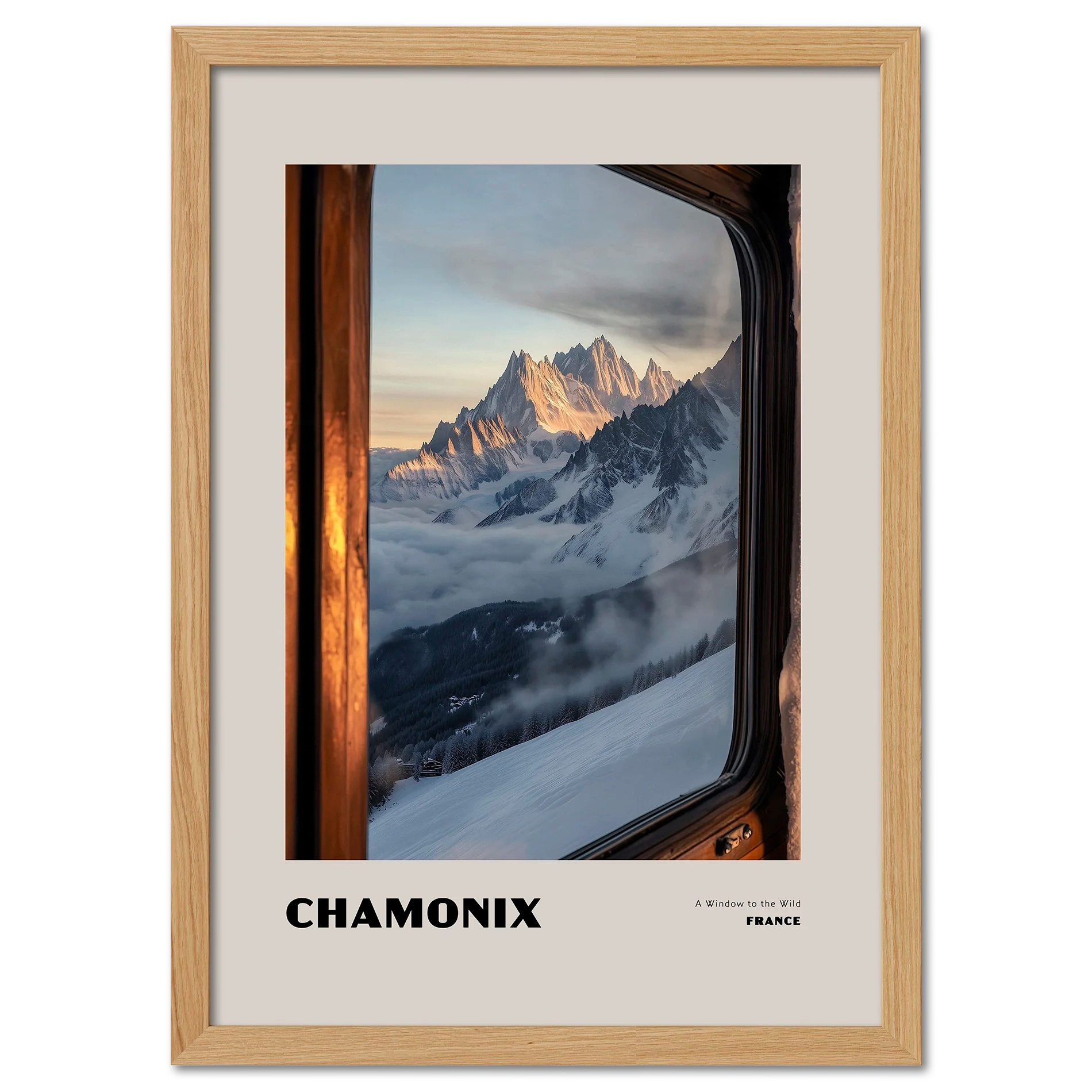 Chamonix - A Window to the Wild - Poster featuring snow-covered peaks framed by a wooden window.