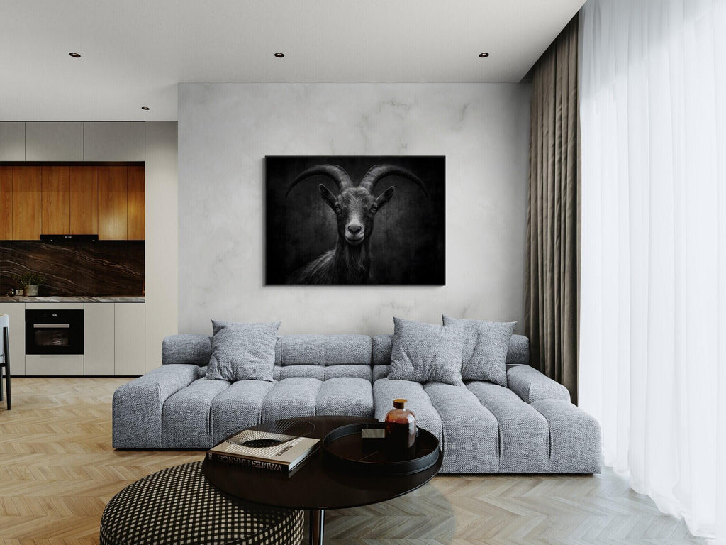 Character of a goat - Alu-Dibond wall art displayed in a modern living room setting.