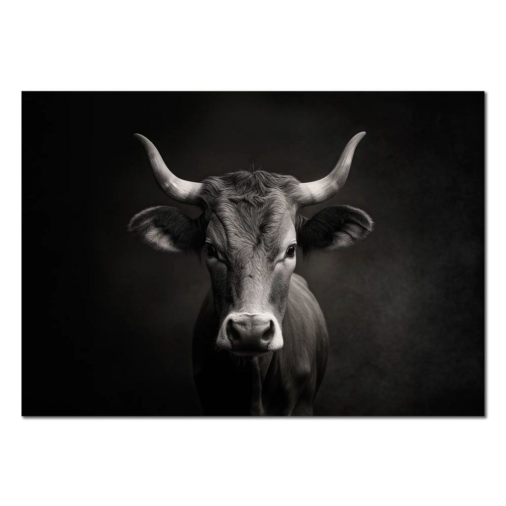 The charisma of a cow - Alu-Dibond wall art featuring a majestic mountain cow in black and white.