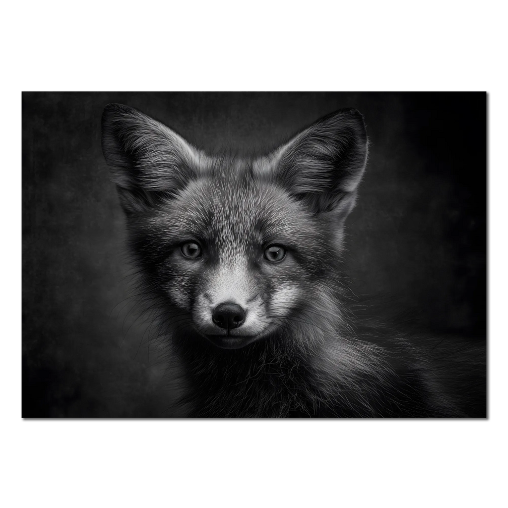 Charm of a fox - Alu-Dibond wall art featuring a detailed fox portrait in monochrome.