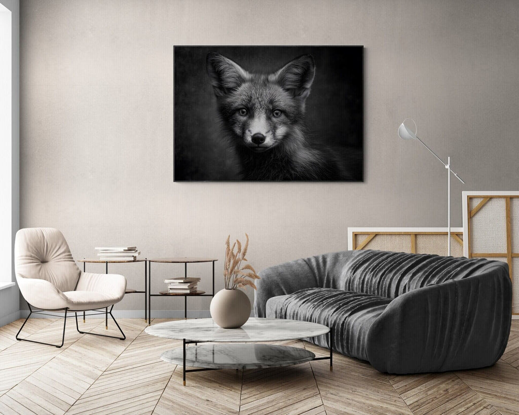 Charm of a fox - Alu-Dibond wall art displayed in a modern living room setting.