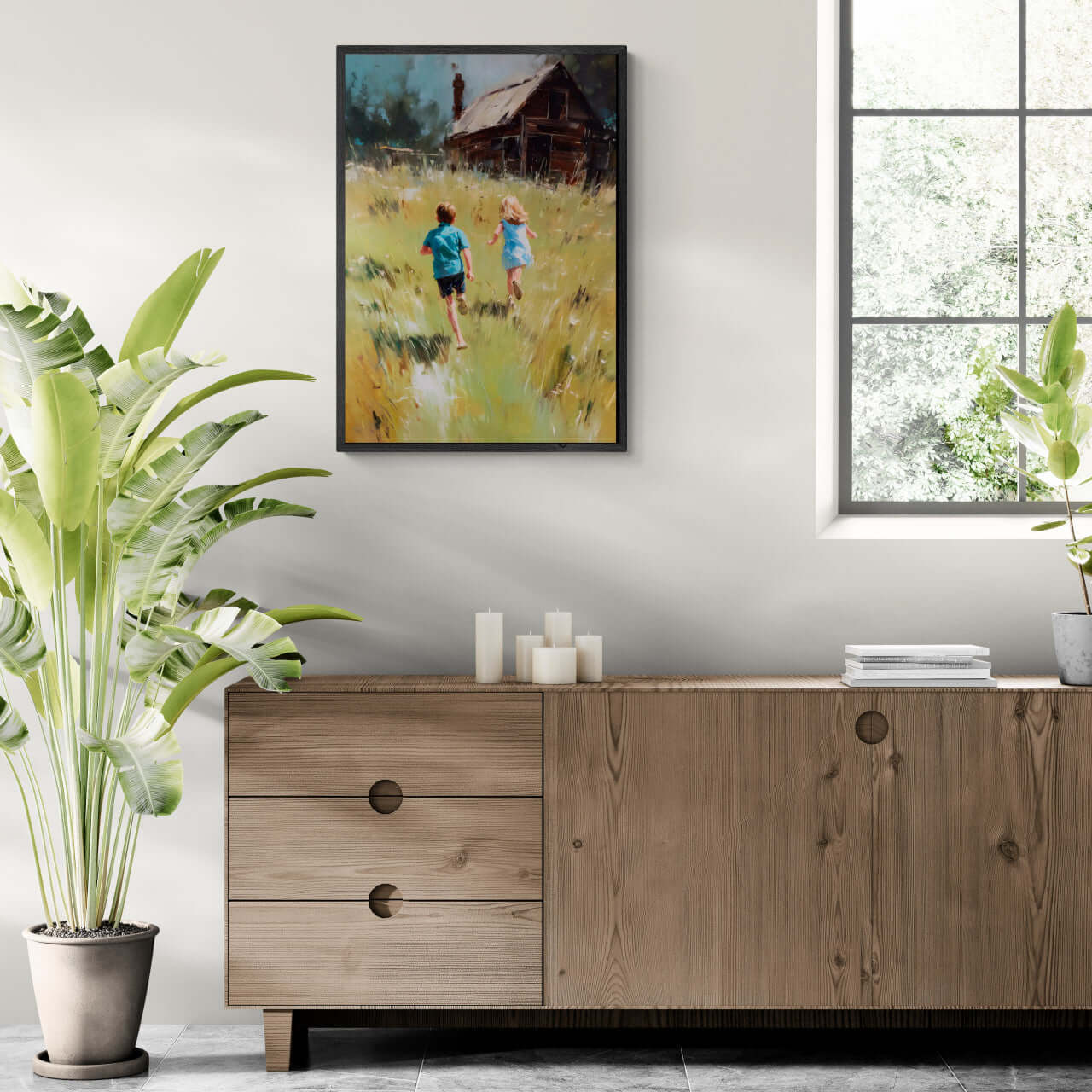 Running Home, Summer Alps - Poster in a modern living room setting with plants and wooden furniture.