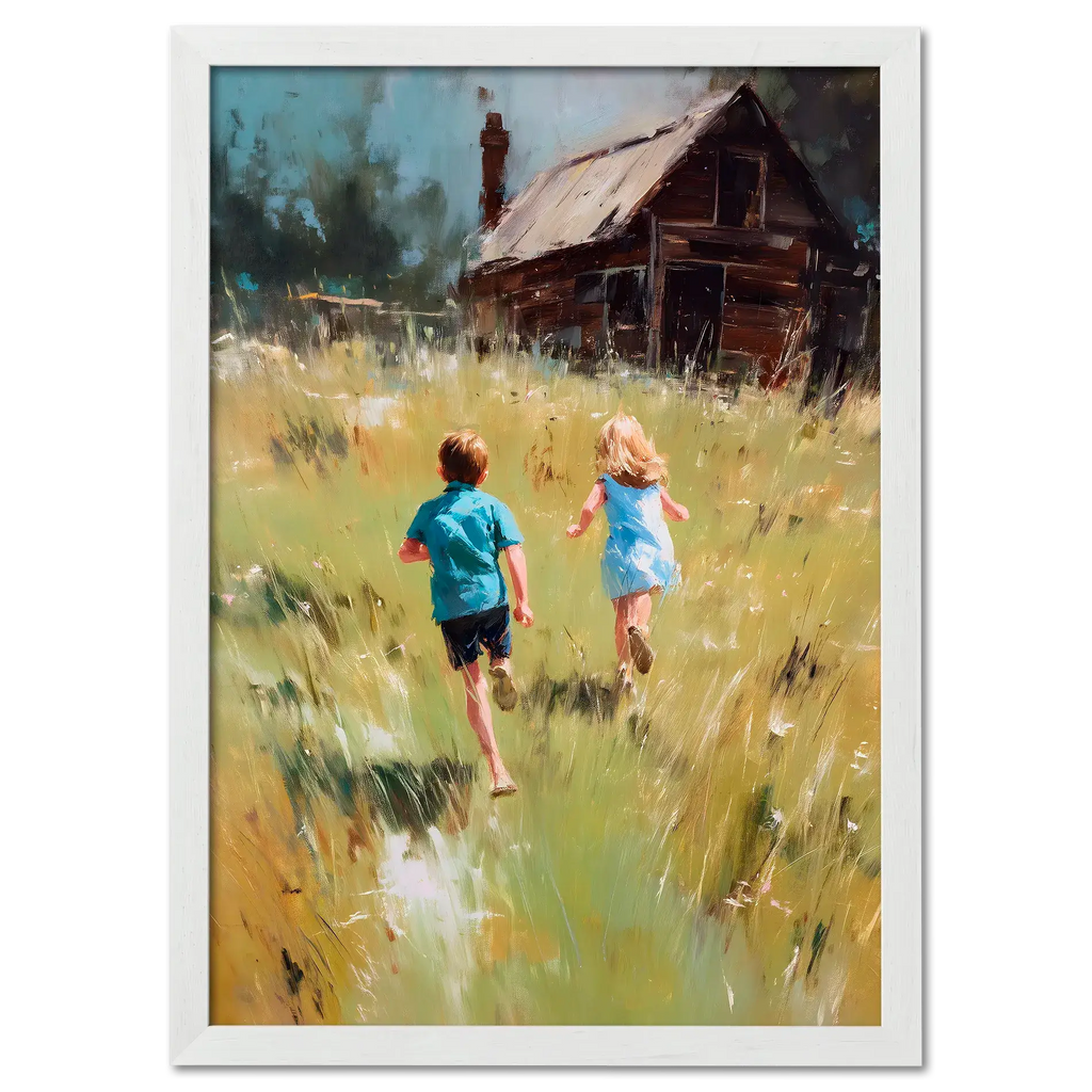 Running Home, Summer Alps - Poster featuring children running in an alpine meadow toward a wooden house.