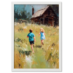 Running Home, Summer Alps - Poster featuring children running in an alpine meadow toward a wooden house.