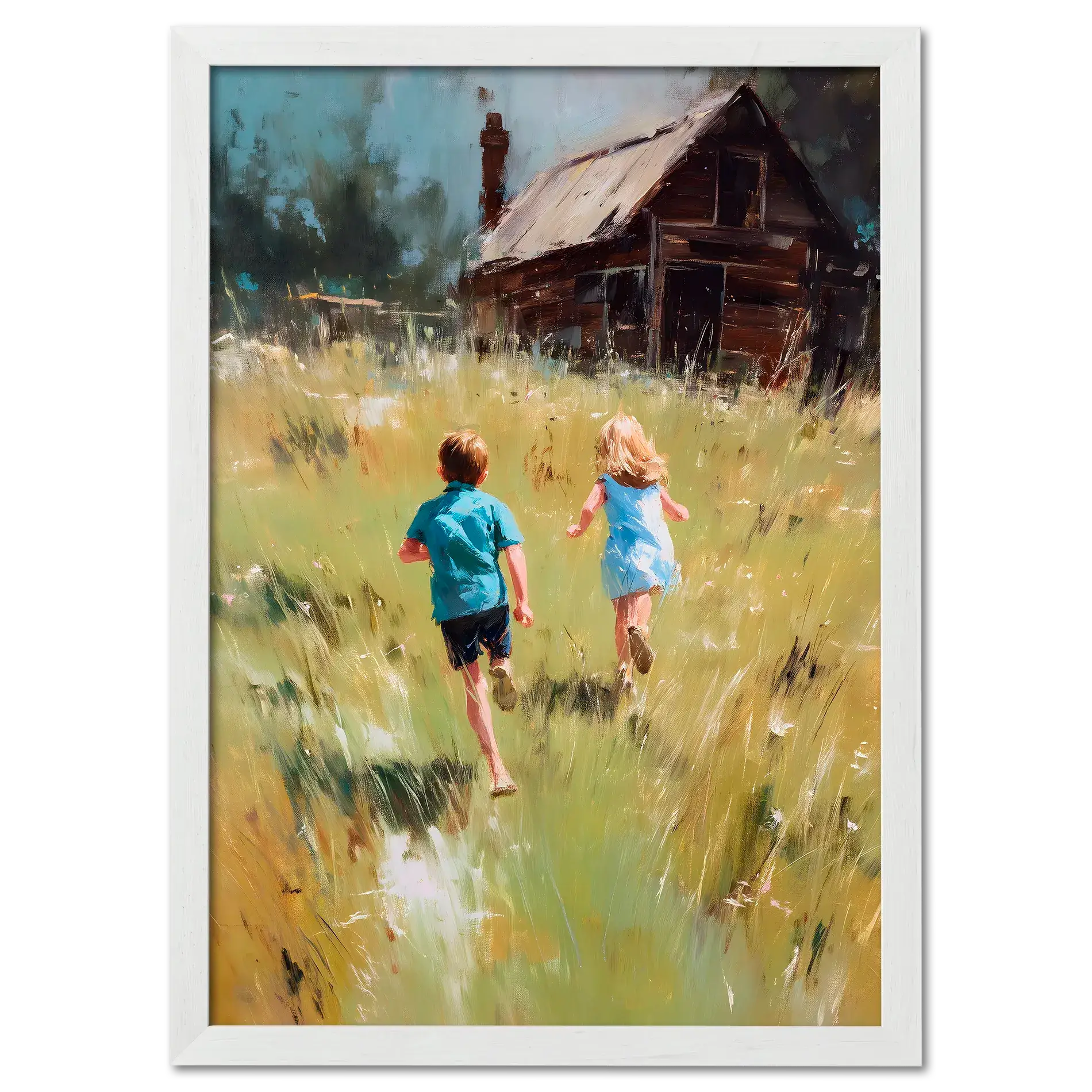 Running Home, Summer Alps - Poster featuring children running in an alpine meadow toward a wooden house.
