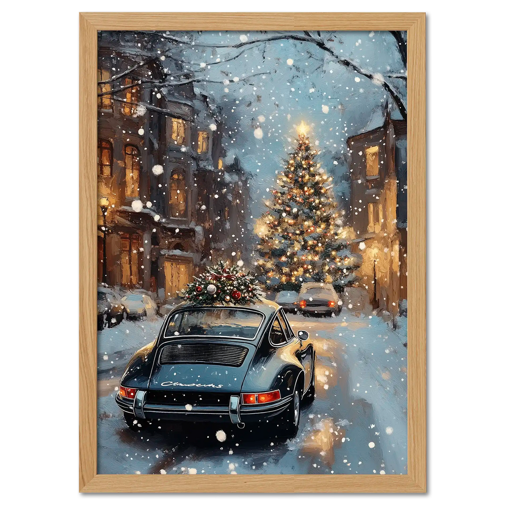Christmas Drive - Holiday Joyride - Poster showcasing a vintage car in a snowy street with a beautifully lit Christmas tree.