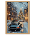 Christmas Drive - Holiday Joyride - Poster showcasing a vintage car in a snowy street with a beautifully lit Christmas tree.