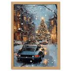 Christmas Drive - Holiday Joyride - Poster showcasing a vintage car in a snowy street with a beautifully lit Christmas tree.